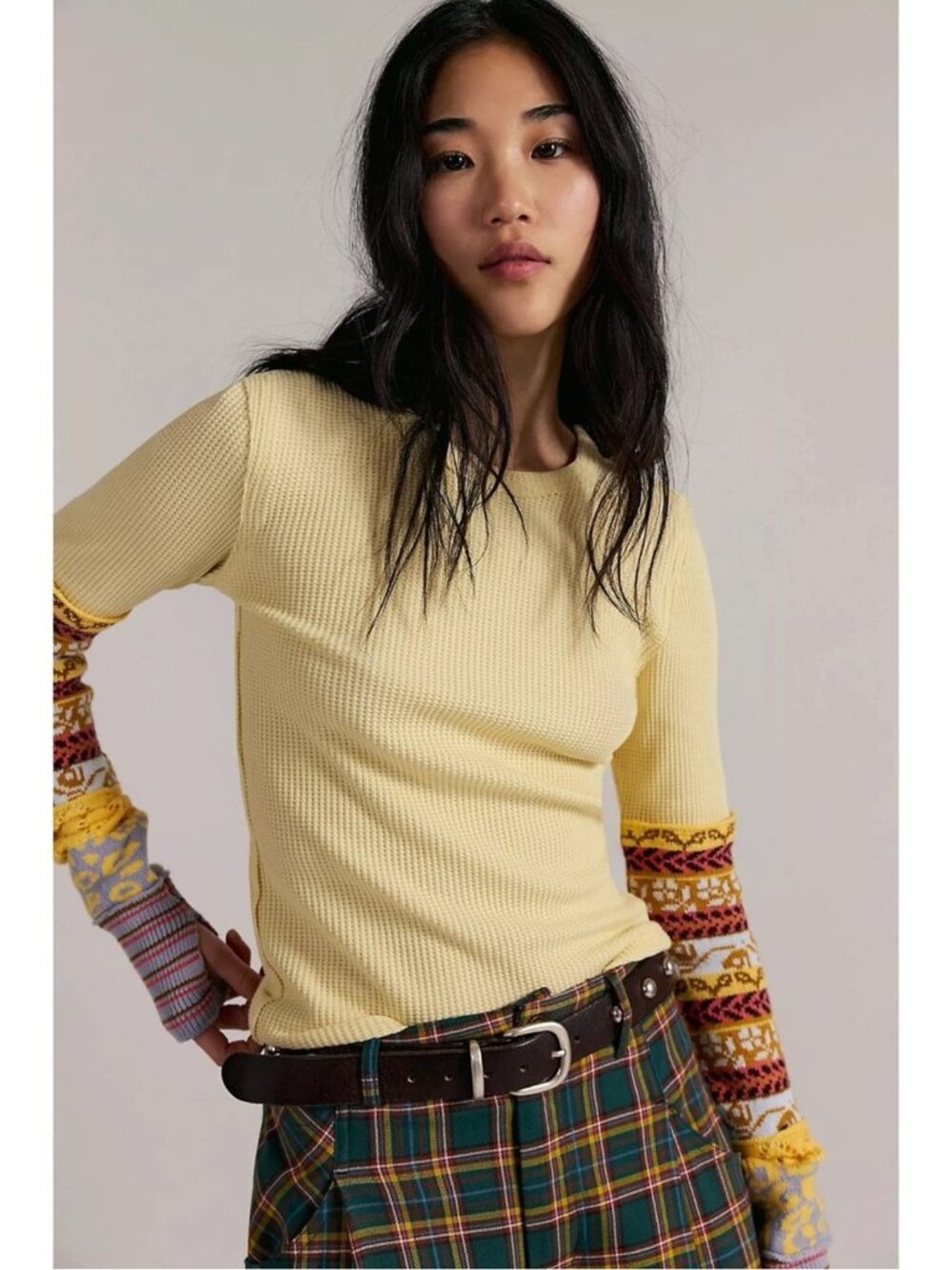 Free People All In Cuff Grunge 90s Thermal Sweater Crewneck Top Medium Yellow